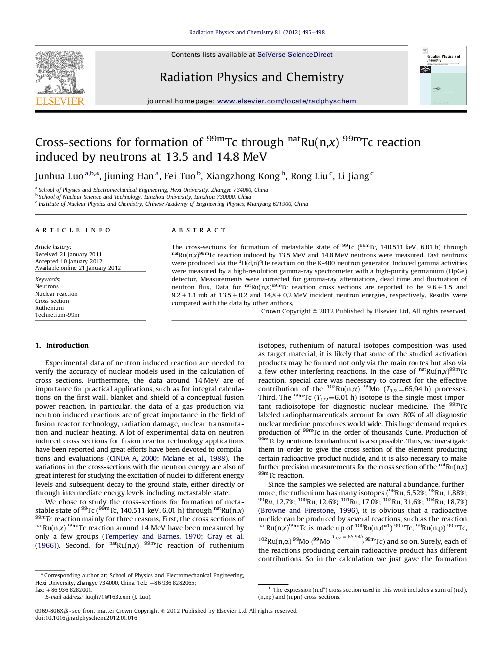 Cross-sections for formation of 99mTc through natRu(n,x) 99mTc reaction induced by neutrons at 13.5 and 14.8Â MeV