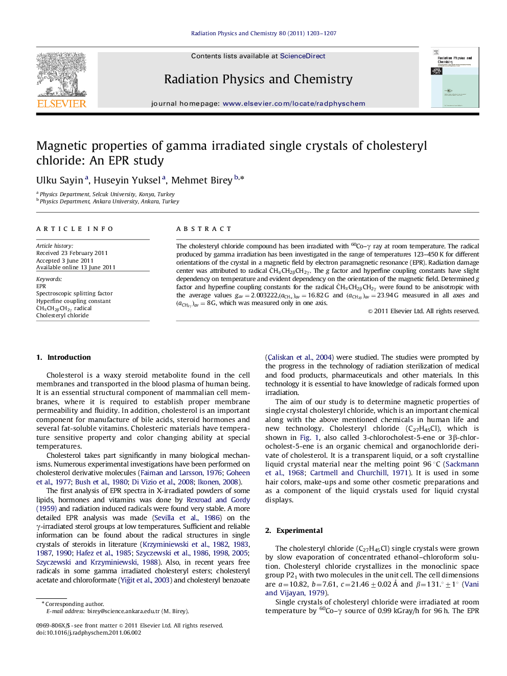 Magnetic properties of gamma irradiated single crystals of cholesteryl chloride: An EPR study