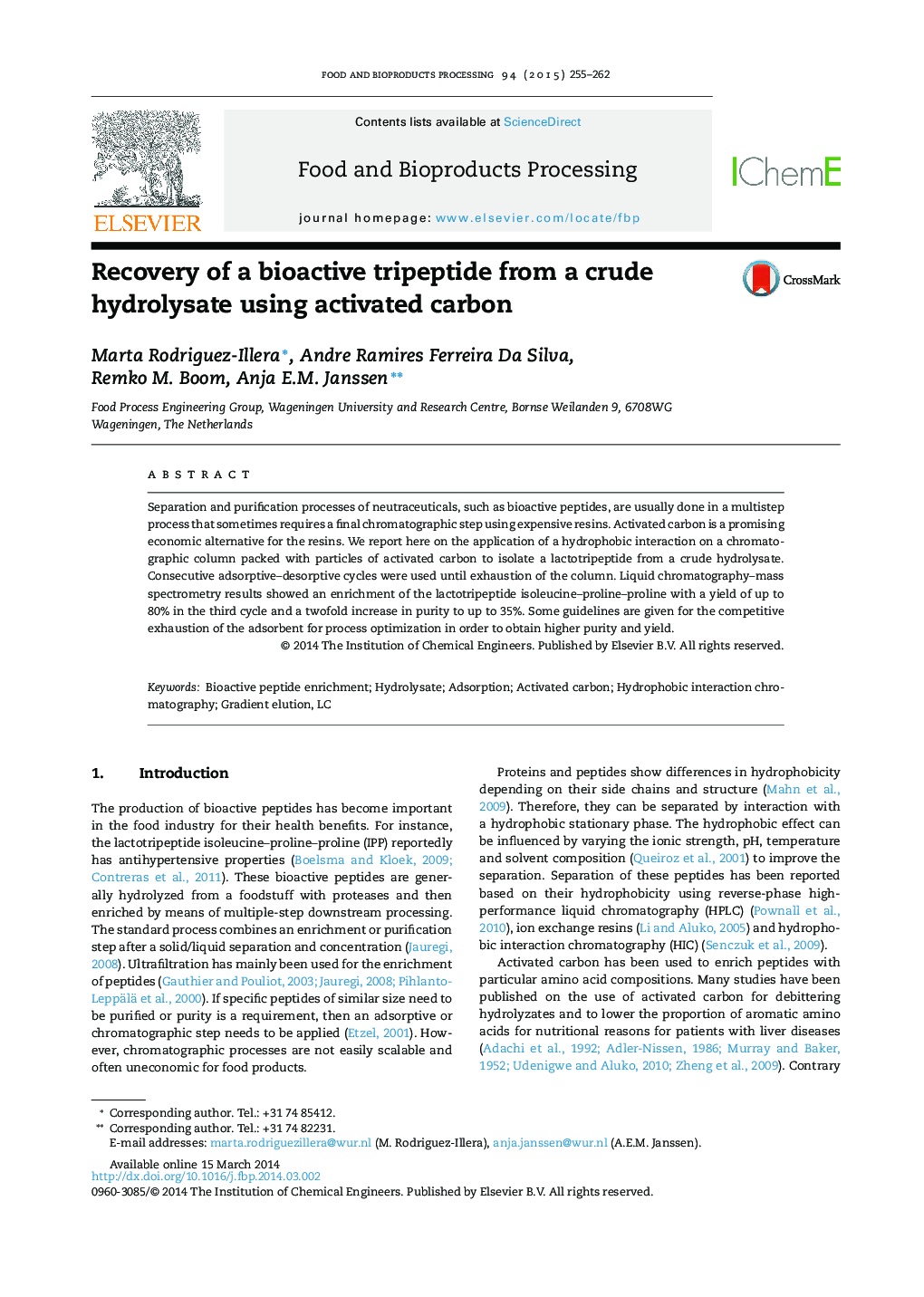 Recovery of a bioactive tripeptide from a crude hydrolysate using activated carbon