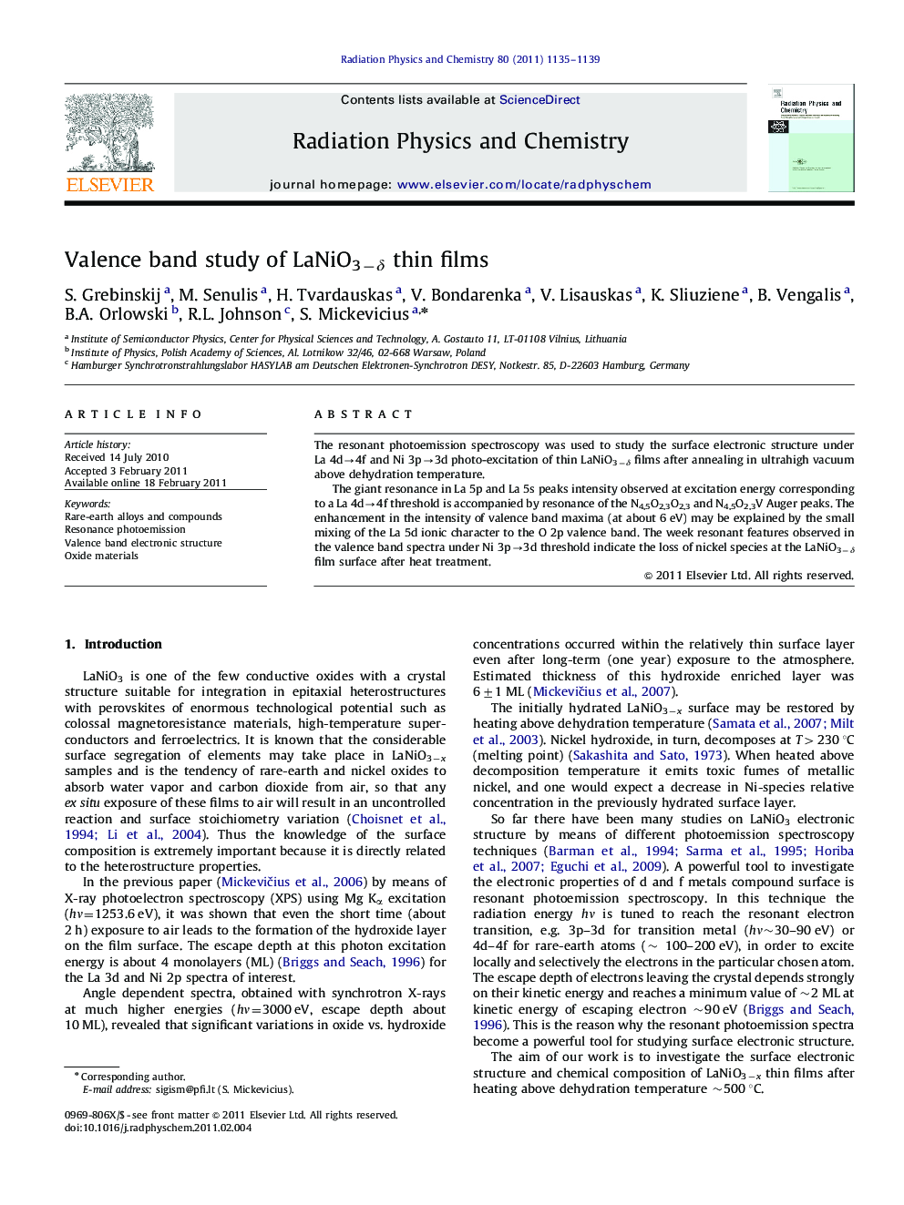 Valence band study of LaNiO3−δ thin films