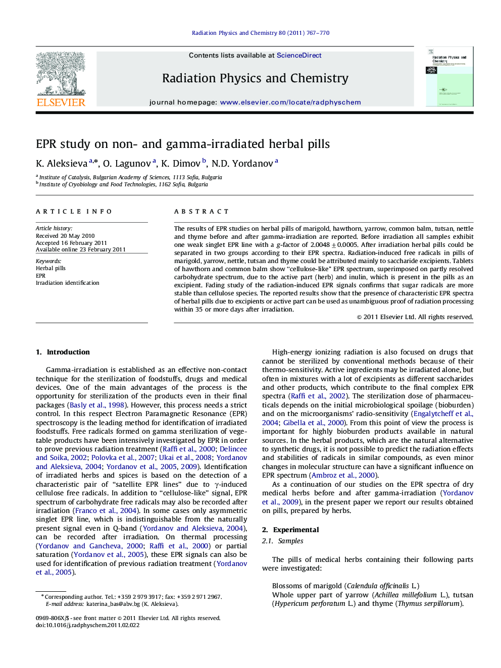 EPR study on non- and gamma-irradiated herbal pills