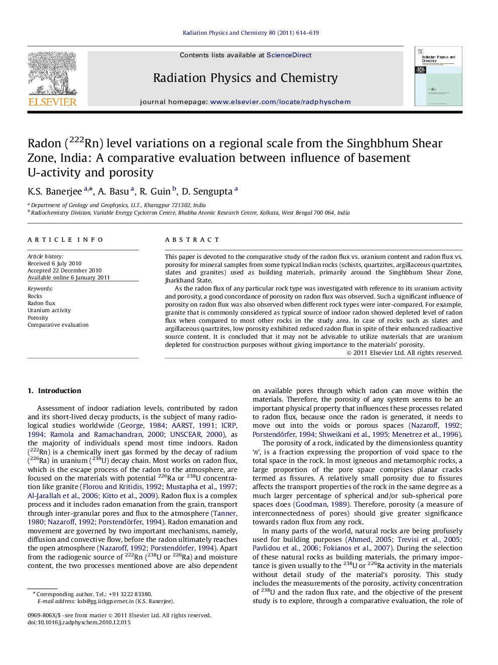 Radon (222Rn) level variations on a regional scale from the Singhbhum Shear Zone, India: A comparative evaluation between influence of basement U-activity and porosity