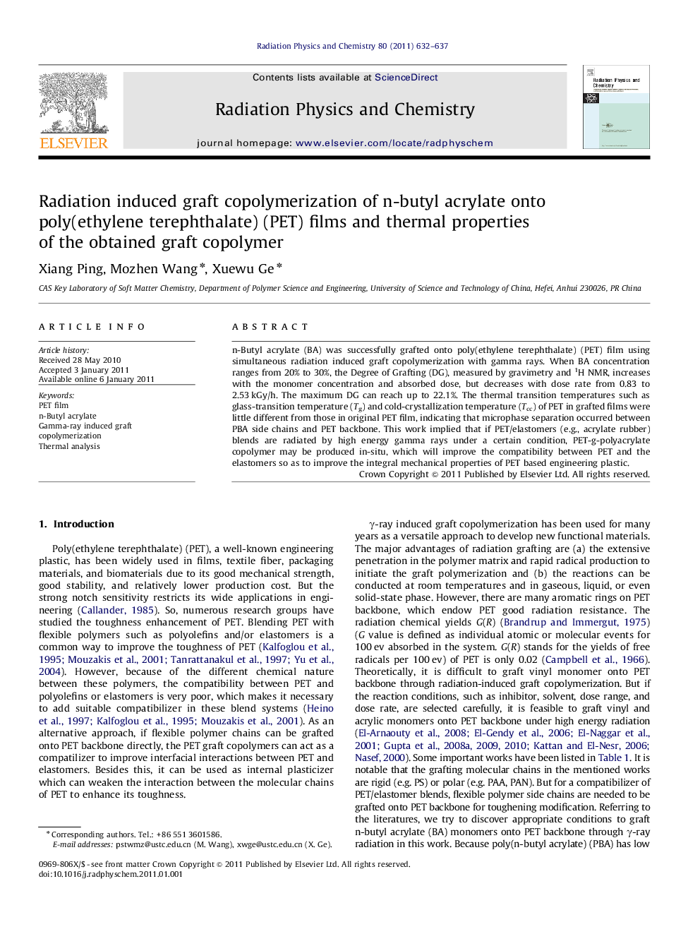 Radiation induced graft copolymerization of n-butyl acrylate onto poly(ethylene terephthalate) (PET) films and thermal properties of the obtained graft copolymer