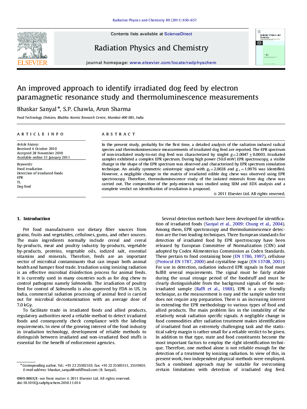 An improved approach to identify irradiated dog feed by electron paramagnetic resonance study and thermoluminescence measurements