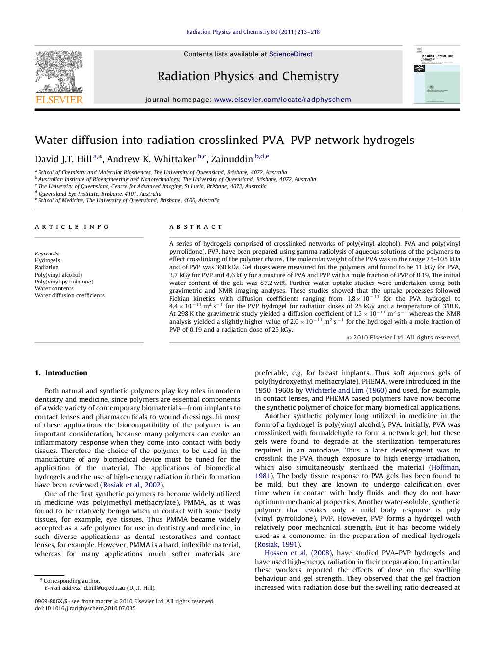 Water diffusion into radiation crosslinked PVA–PVP network hydrogels