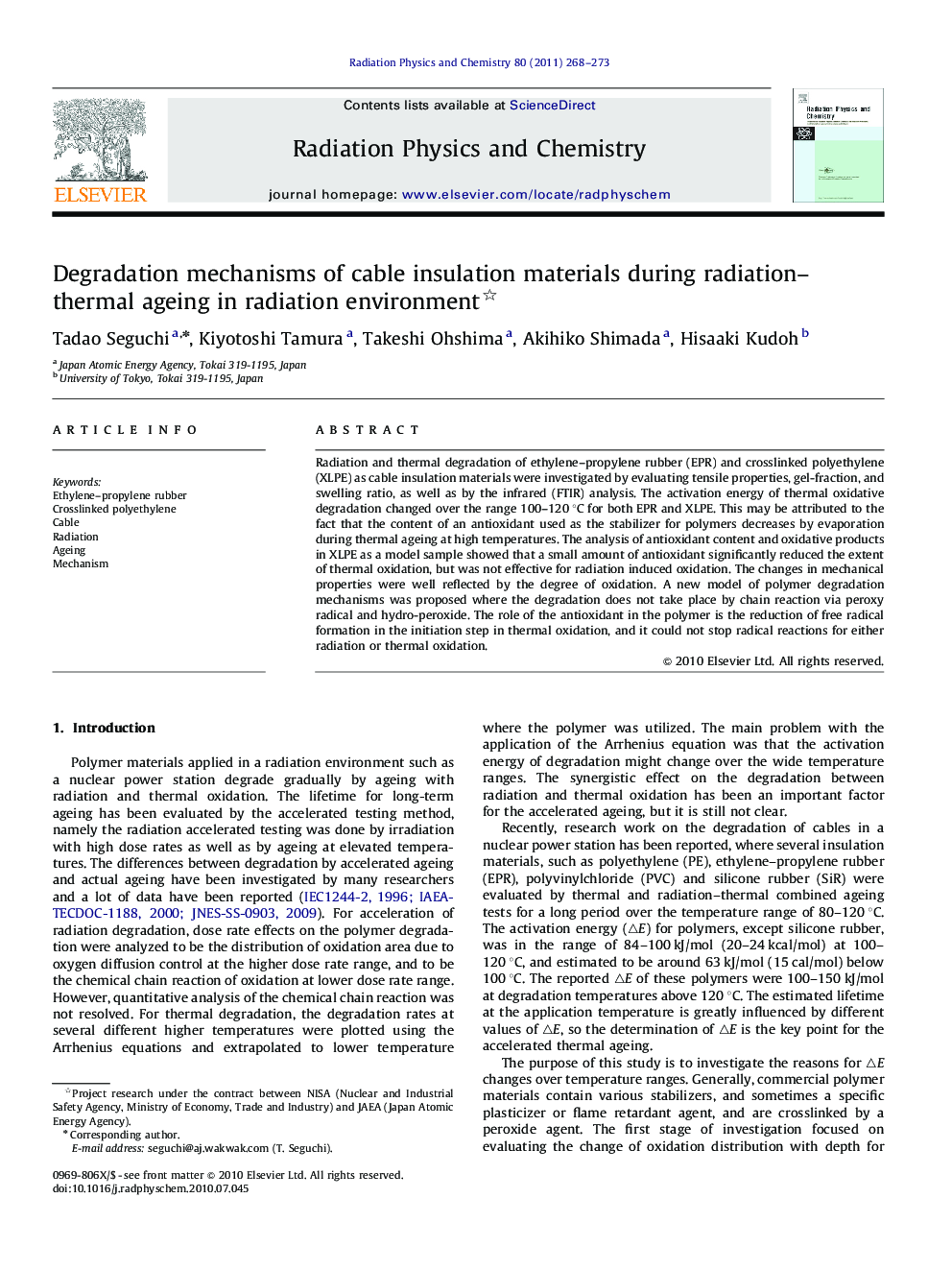 Degradation mechanisms of cable insulation materials during radiation–thermal ageing in radiation environment 