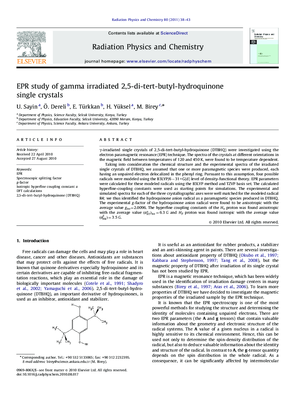 EPR study of gamma irradiated 2,5-di-tert-butyl-hydroquinone single crystals