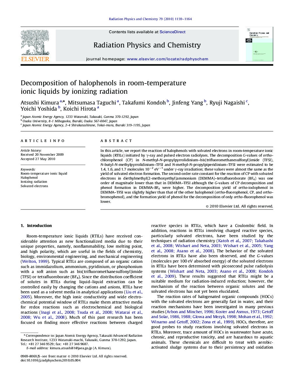 Decomposition of halophenols in room-temperature ionic liquids by ionizing radiation