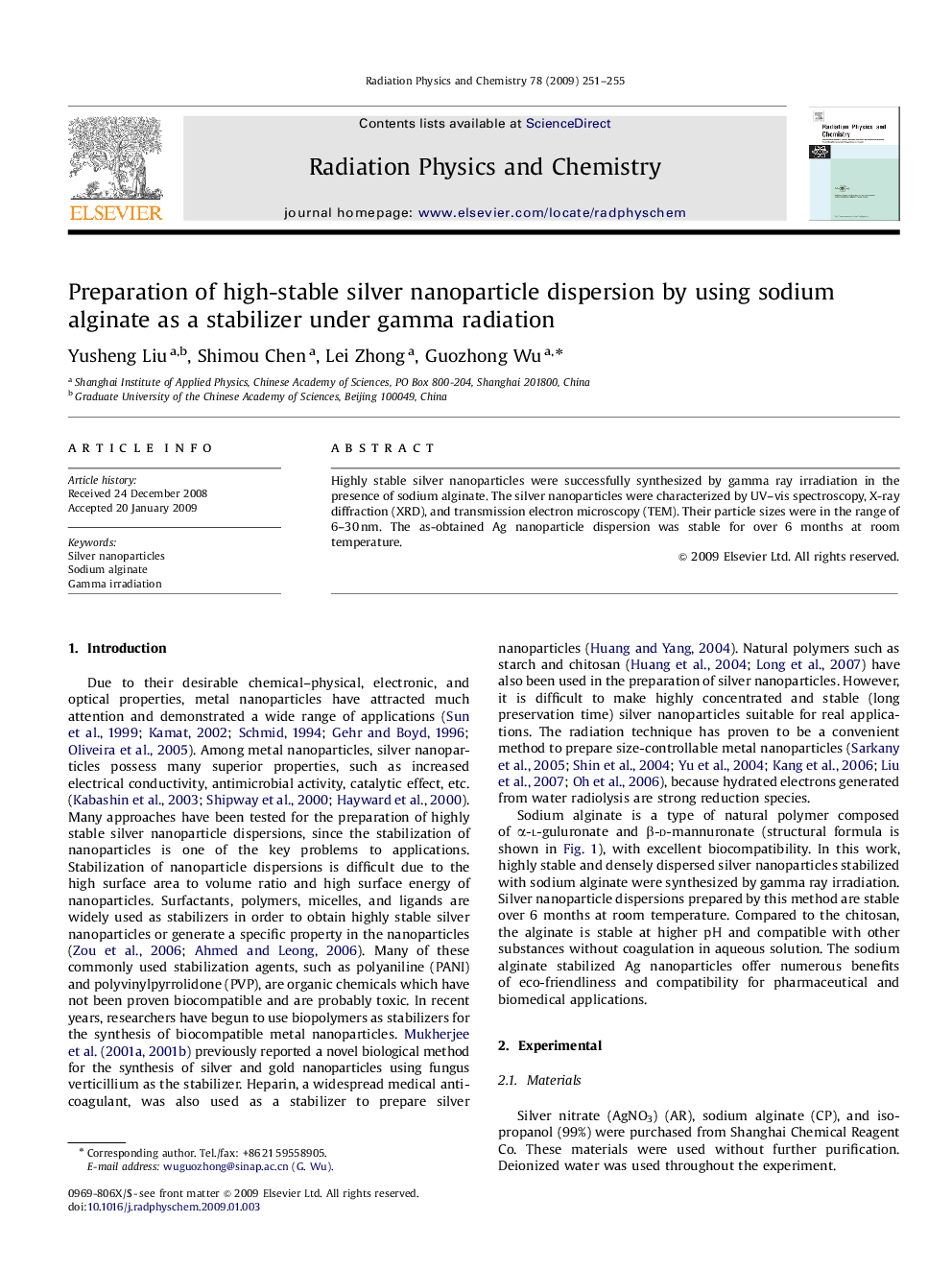 عکس صفحه اول مقاله: Preparation of high-stable silver nanoparticle dispersion by using sodium alginate as a stabilizer under gamma radiation Preparation of high-stable silver nanoparticle dispersion by using sodium alginate as a stabilizer under gamma radiation