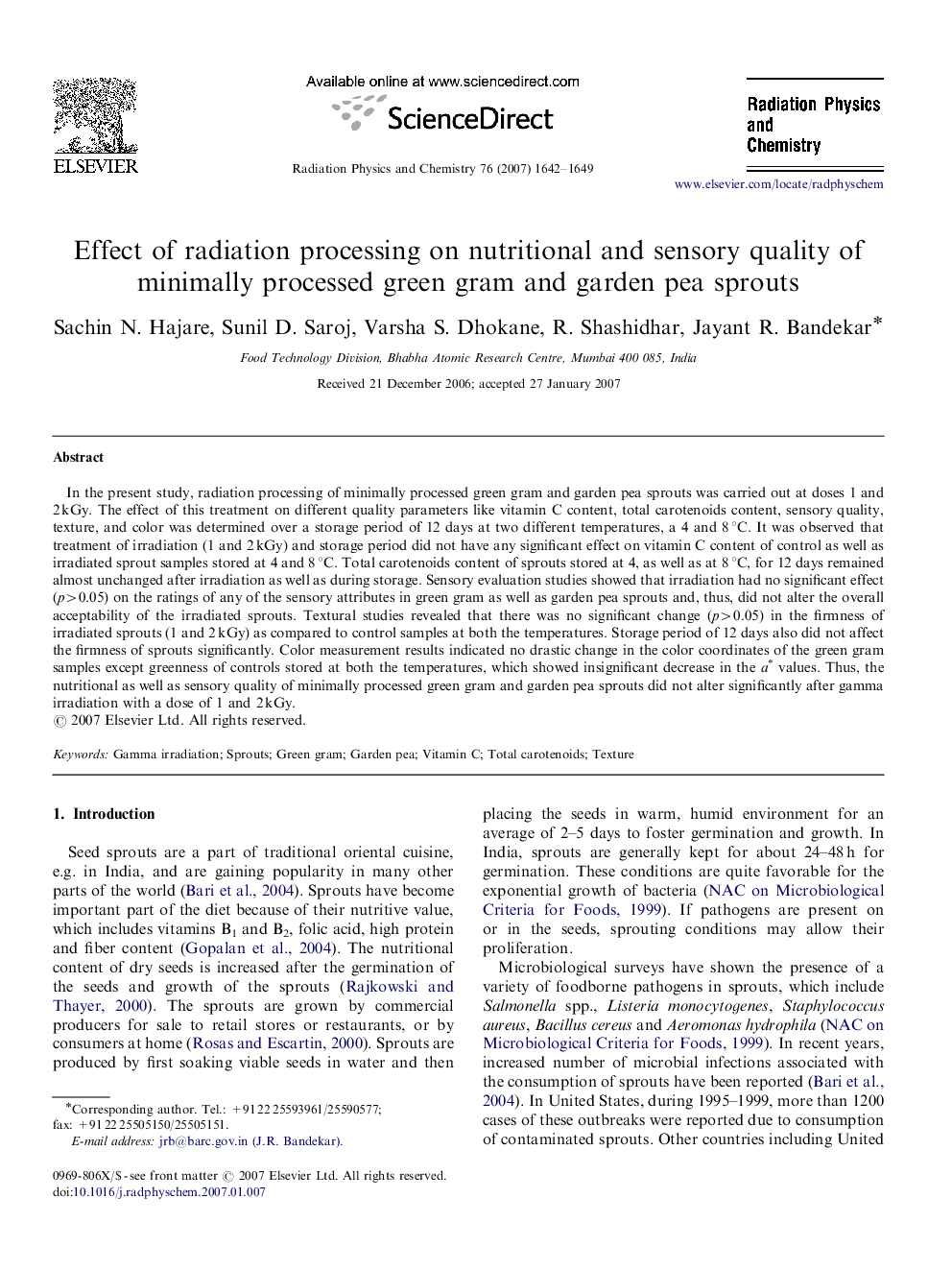 Effect of radiation processing on nutritional and sensory quality of minimally processed green gram and garden pea sprouts