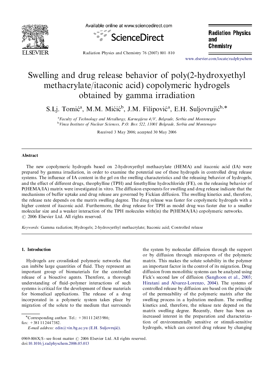 Swelling and drug release behavior of poly(2-hydroxyethyl methacrylate/itaconic acid) copolymeric hydrogels obtained by gamma irradiation