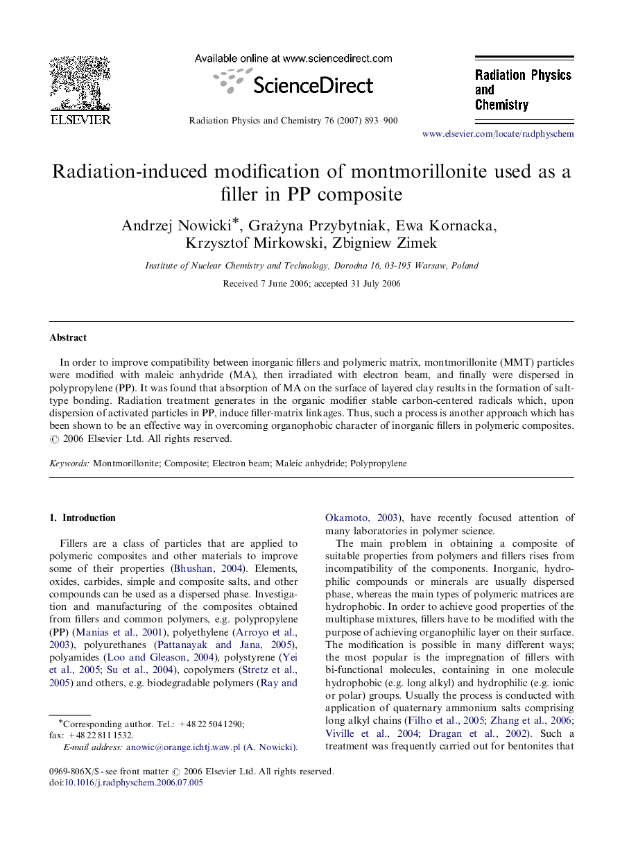 Radiation-induced modification of montmorillonite used as a filler in PP composite