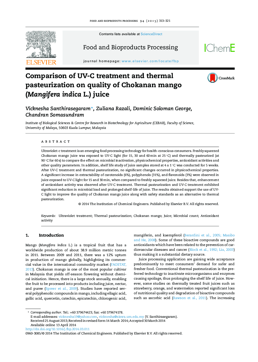 Comparison of UV-C treatment and thermal pasteurization on quality of Chokanan mango (Mangifera indica L.) juice