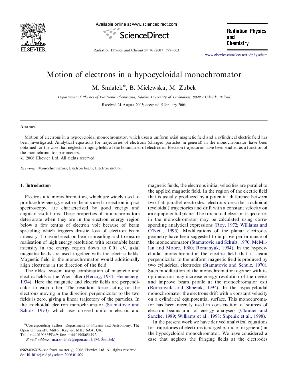 Motion of electrons in a hypocycloidal monochromator