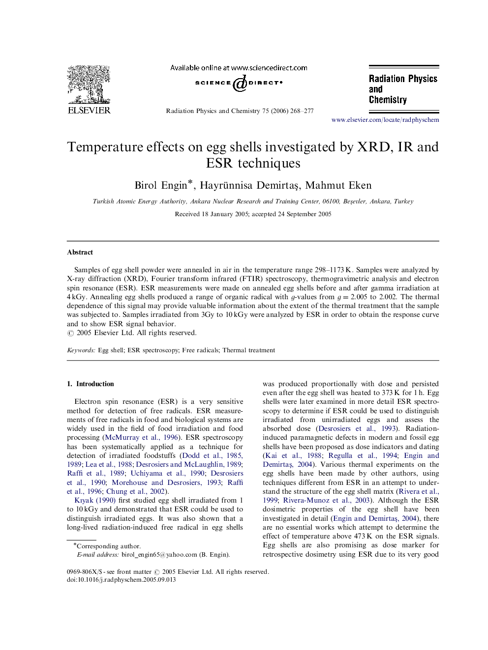 Temperature effects on egg shells investigated by XRD, IR and ESR techniques