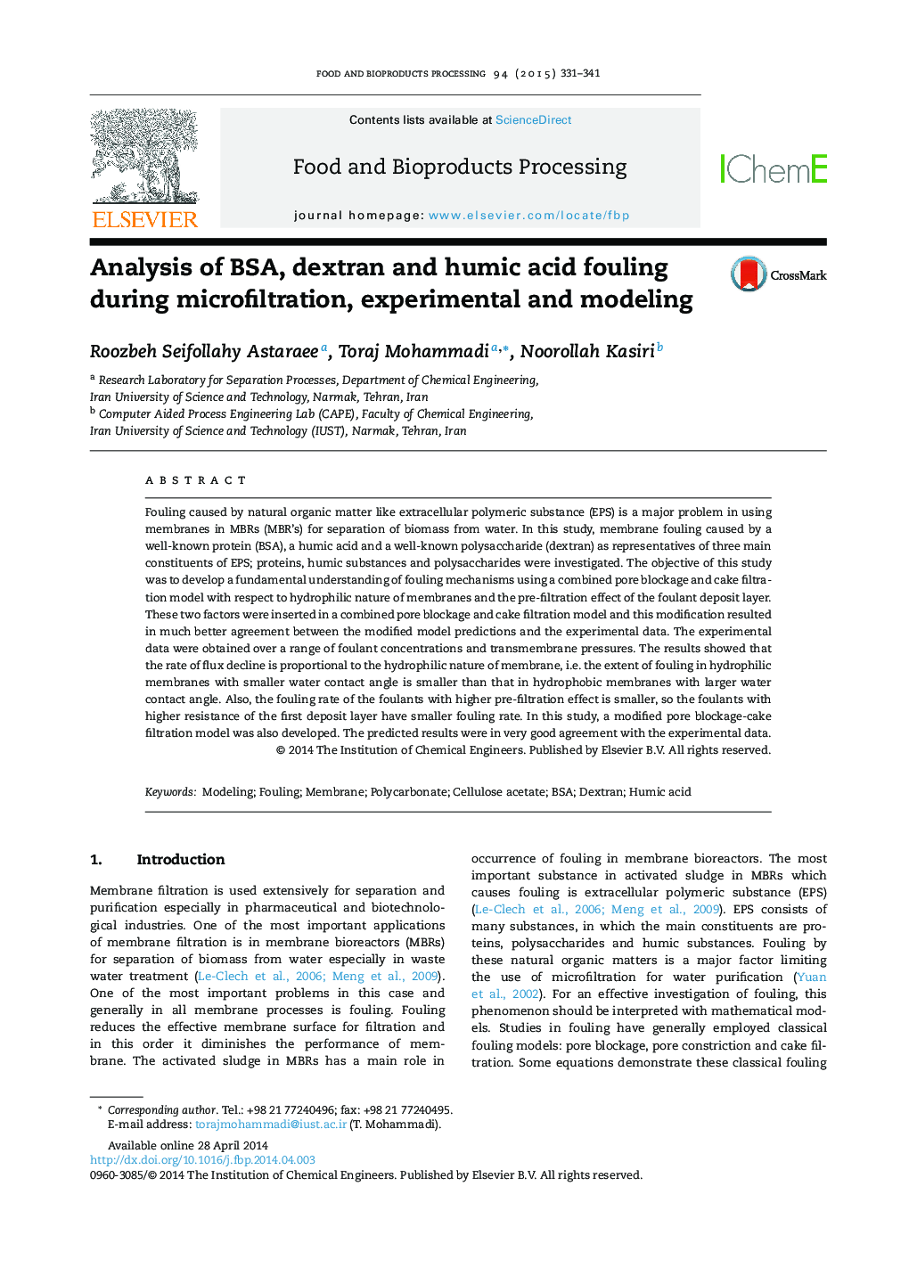 Analysis of BSA, dextran and humic acid fouling during microfiltration, experimental and modeling