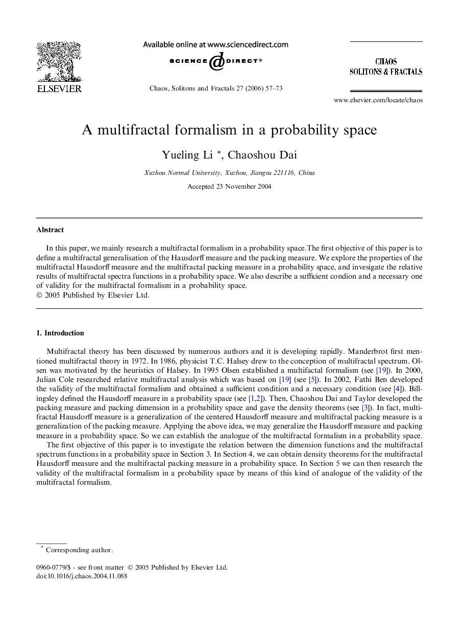 A multifractal formalism in a probability space