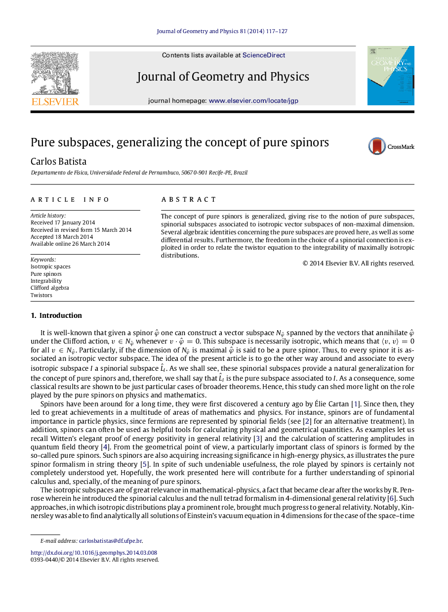 Pure subspaces, generalizing the concept of pure spinors