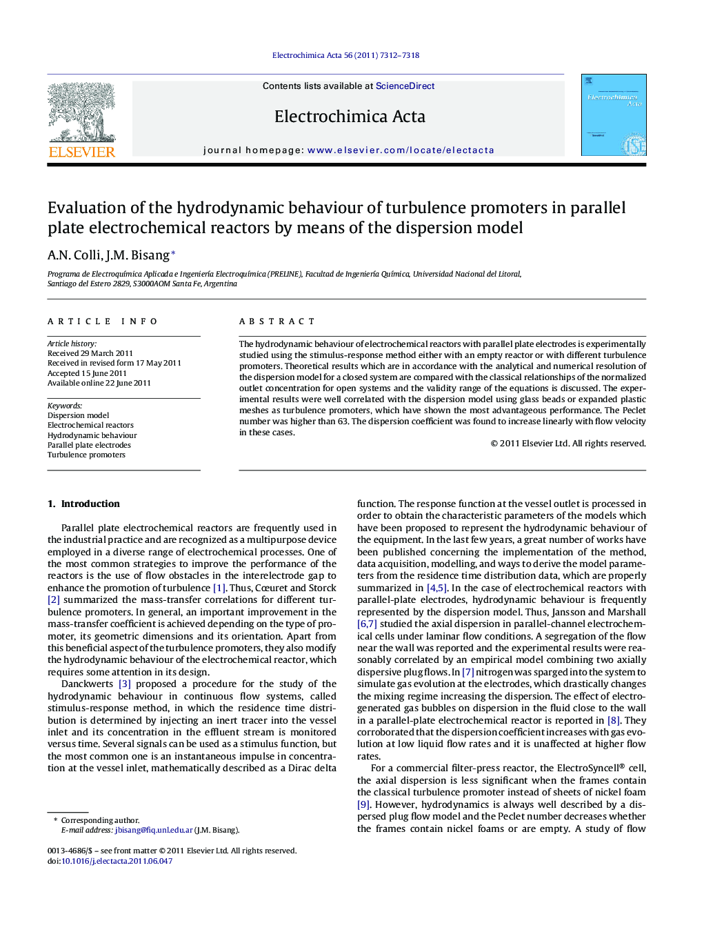 Evaluation of the hydrodynamic behaviour of turbulence promoters in parallel plate electrochemical reactors by means of the dispersion model