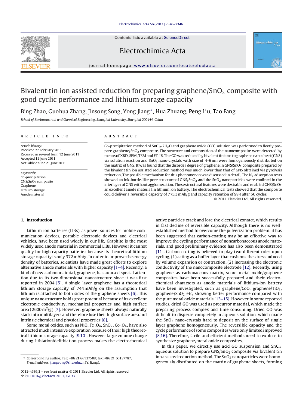 عکس صفحه اول مقاله: Bivalent tin ion assisted reduction for preparing graphene/SnO2 composite with good cyclic performance and lithium storage capacity Bivalent tin ion assisted reduction for preparing graphene/SnO2 composite with good cyclic performance and lithium storage capacity