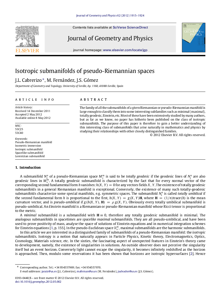 Isotropic submanifolds of pseudo-Riemannian spaces