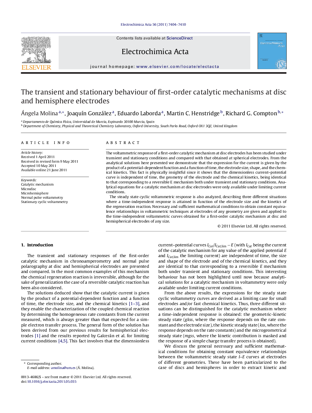 عکس صفحه اول مقاله: The transient and stationary behaviour of first-order catalytic mechanisms at disc and hemisphere electrodes The transient and stationary behaviour of first-order catalytic mechanisms at disc and hemisphere electrodes