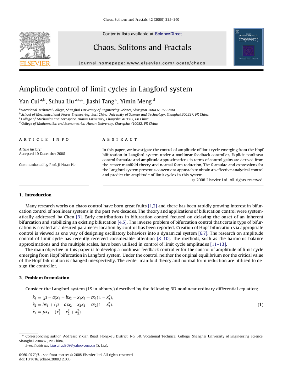 Amplitude control of limit cycles in Langford system