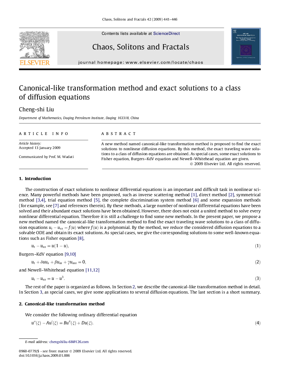 Canonical-like transformation method and exact solutions to a class of diffusion equations