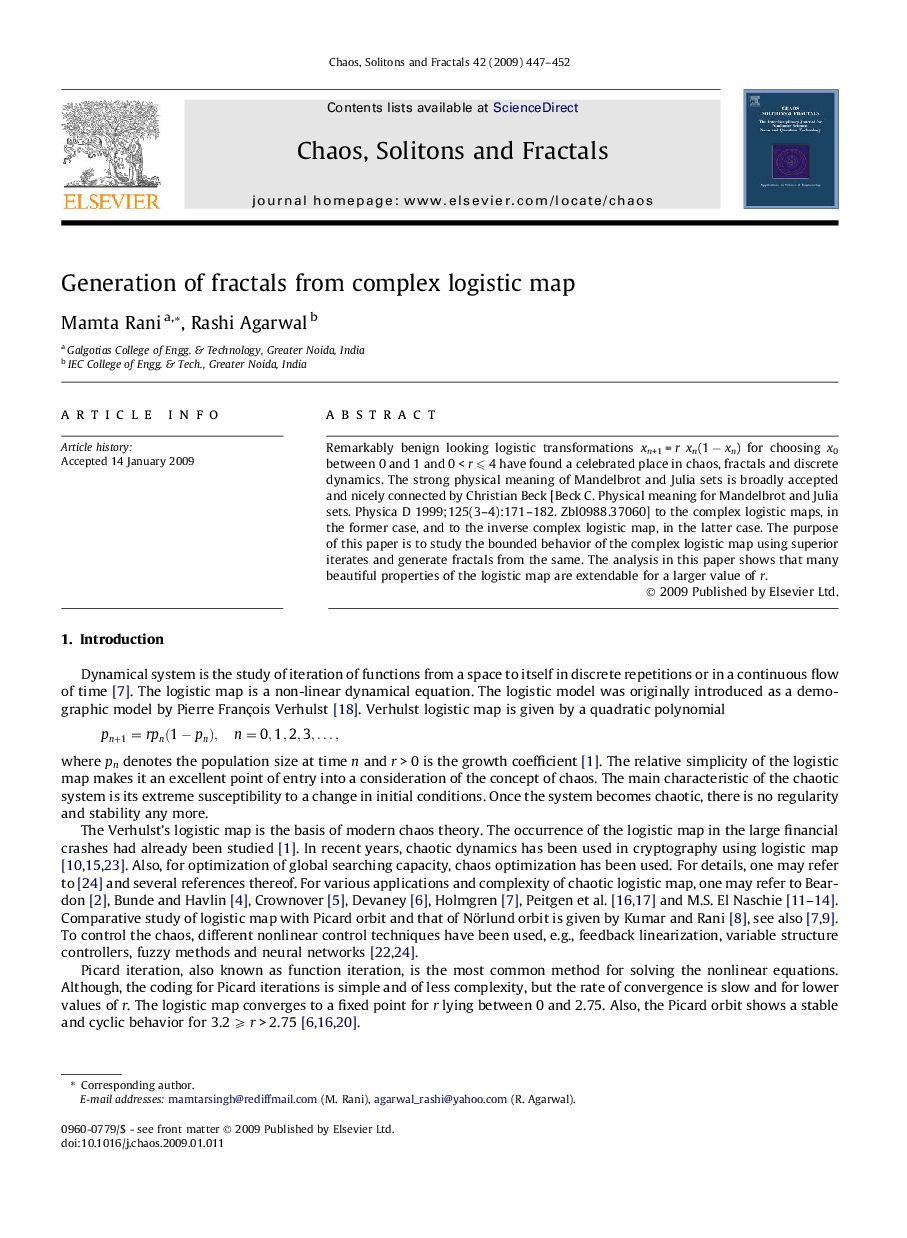 Generation of fractals from complex logistic map