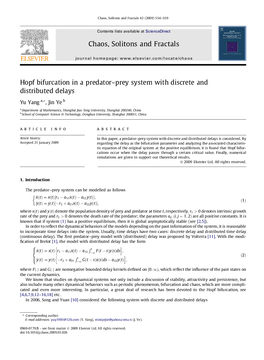 Hopf bifurcation in a predator–prey system with discrete and distributed delays
