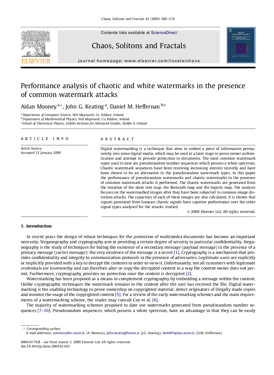 Performance analysis of chaotic and white watermarks in the presence of common watermark attacks