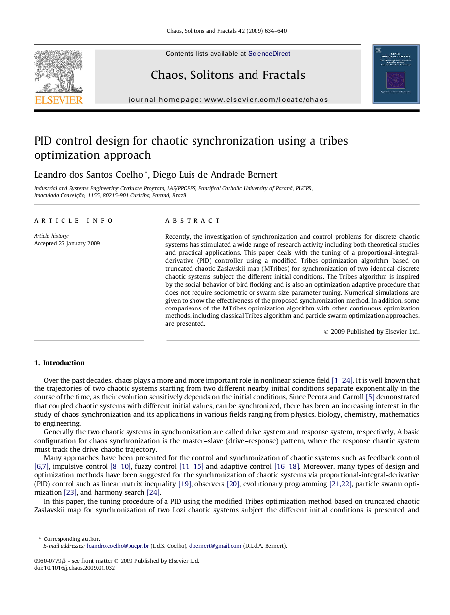 PID control design for chaotic synchronization using a tribes optimization approach