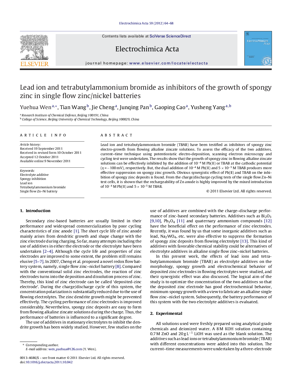 Lead ion and tetrabutylammonium bromide as inhibitors of the growth of spongy zinc in single flow zinc/nickel batteries