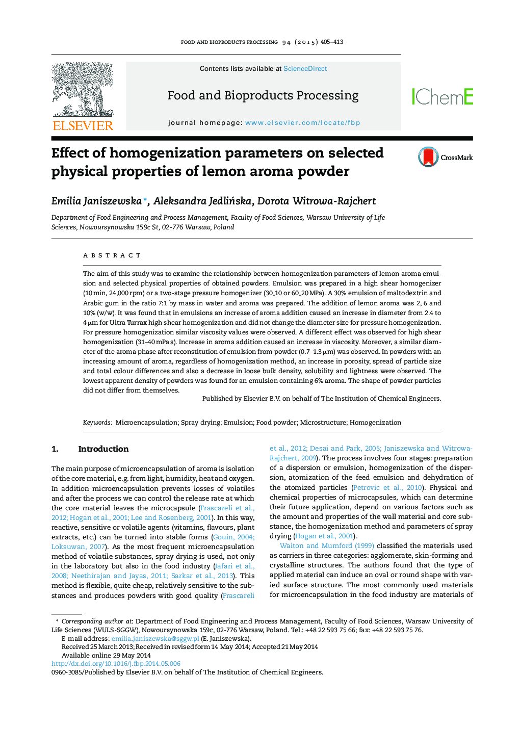 Effect of homogenization parameters on selected physical properties of lemon aroma powder