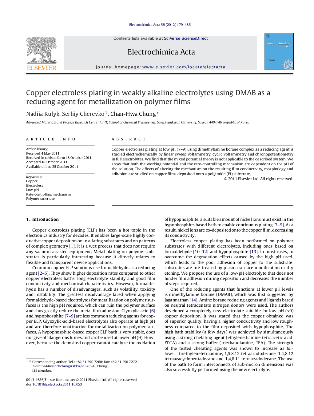 Copper electroless plating in weakly alkaline electrolytes using DMAB as a reducing agent for metallization on polymer films