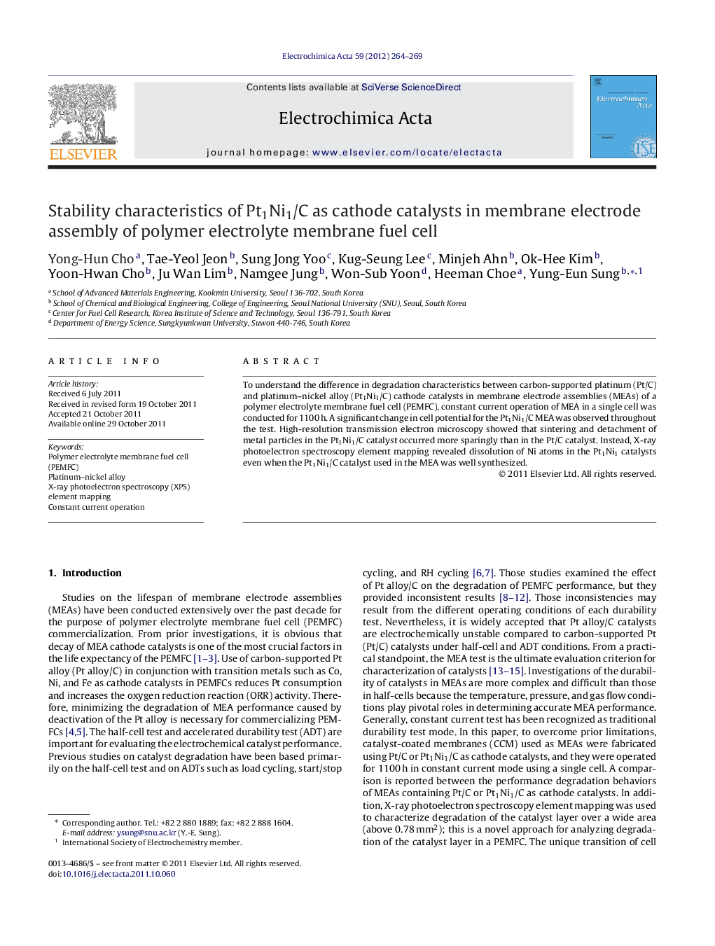 Stability characteristics of Pt1Ni1/C as cathode catalysts in membrane electrode assembly of polymer electrolyte membrane fuel cell