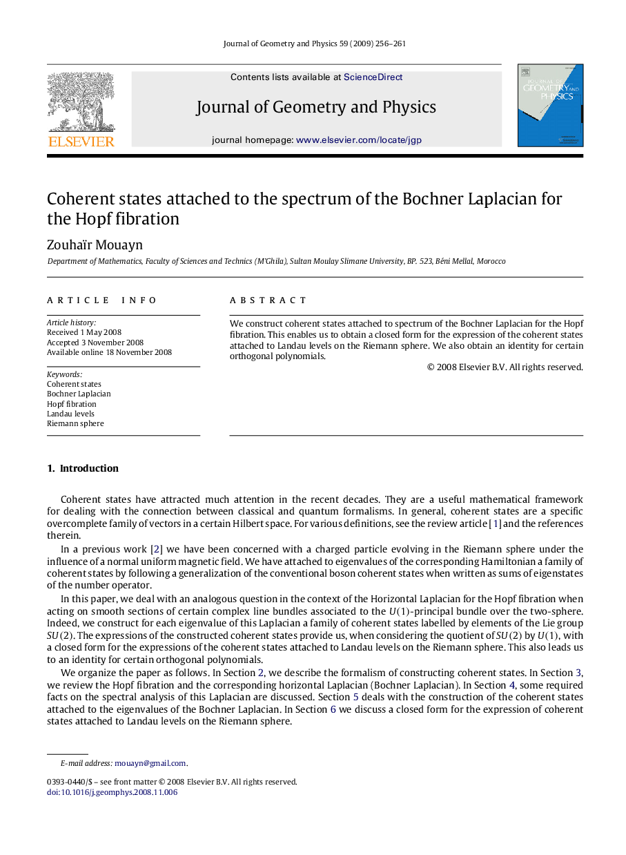 Coherent states attached to the spectrum of the Bochner Laplacian for the Hopf fibration