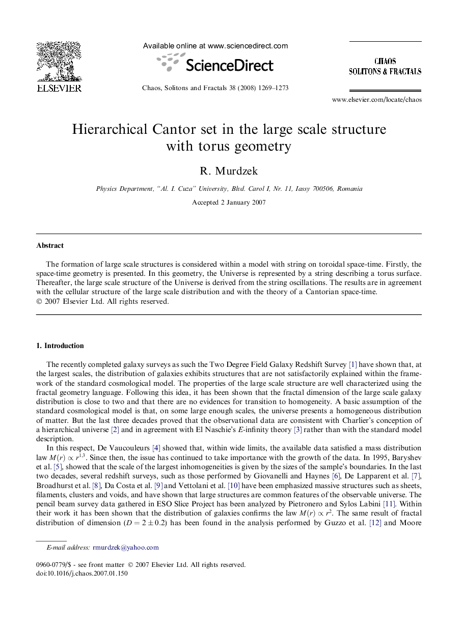 Hierarchical Cantor set in the large scale structure with torus geometry