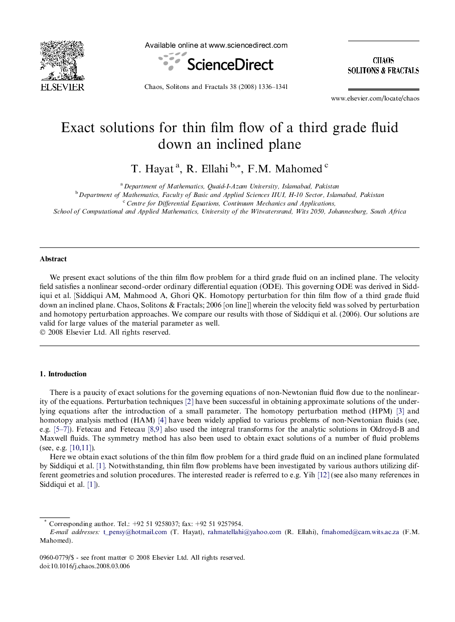 Exact solutions for thin film flow of a third grade fluid down an inclined plane