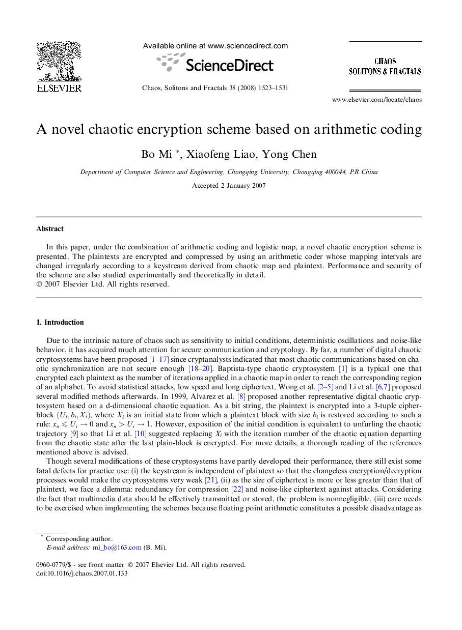 A novel chaotic encryption scheme based on arithmetic coding