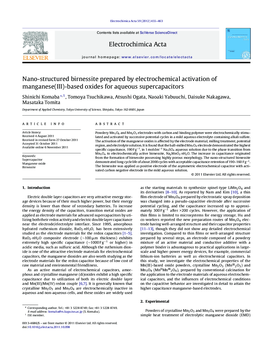 Nano-structured birnessite prepared by electrochemical activation of manganese(III)-based oxides for aqueous supercapacitors