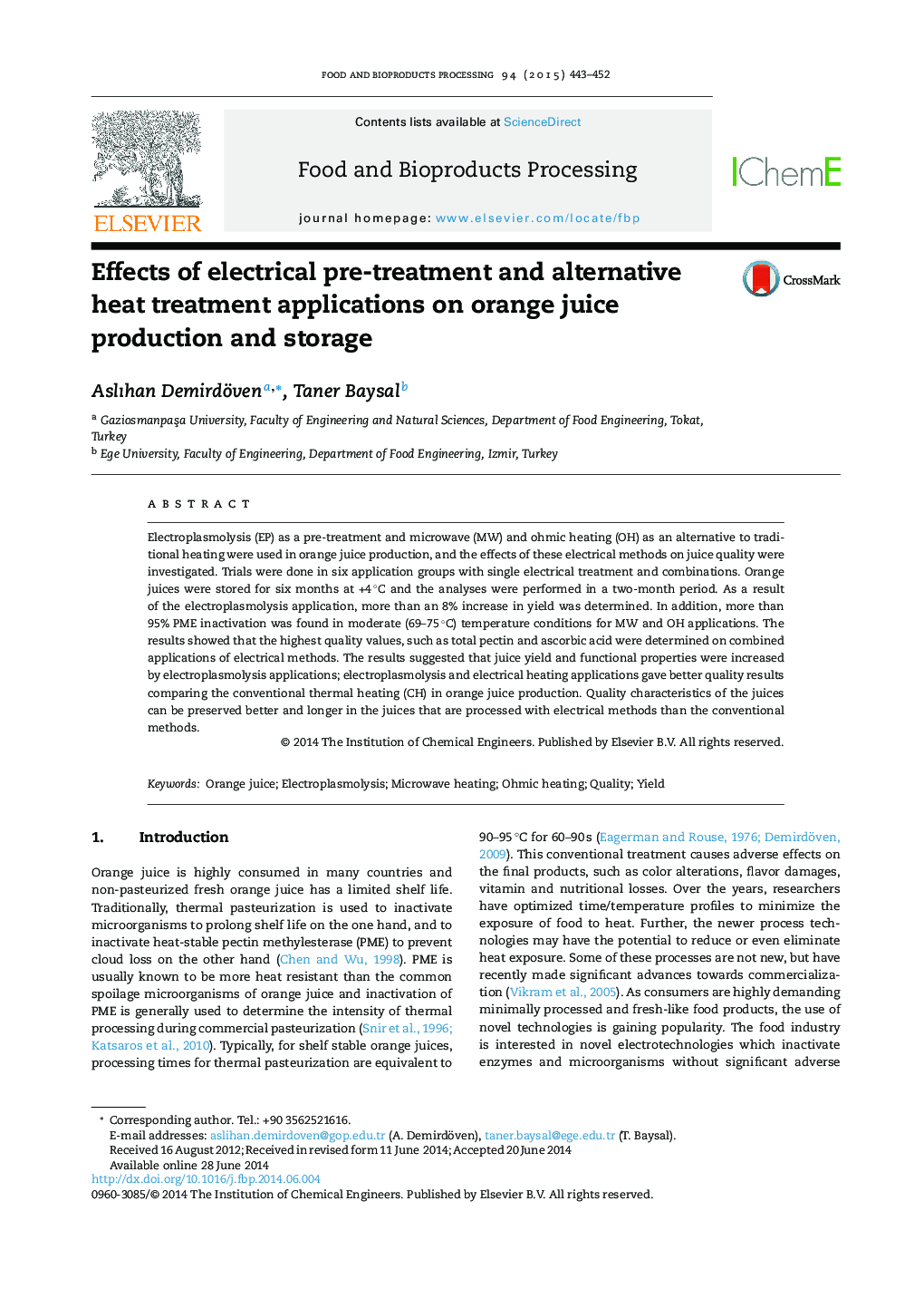 Effects of electrical pre-treatment and alternative heat treatment applications on orange juice production and storage