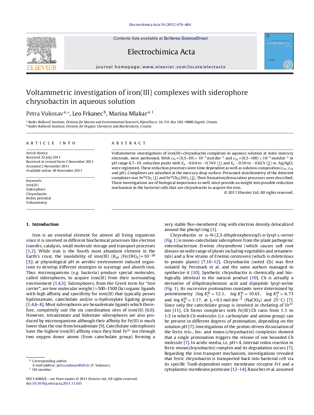 Voltammetric investigation of iron(III) complexes with siderophore chrysobactin in aqueous solution