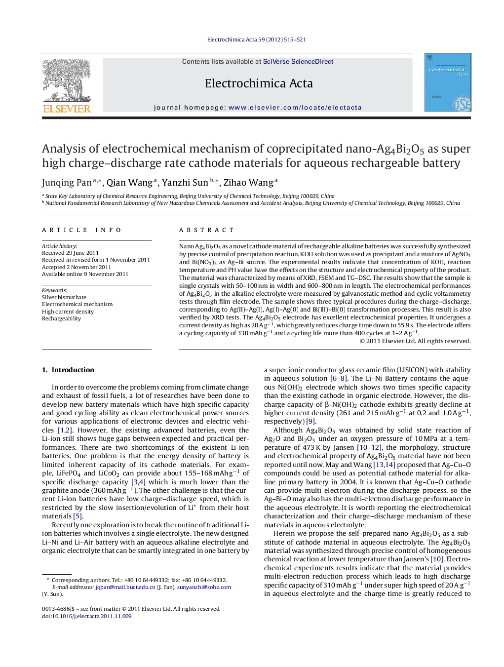 Analysis of electrochemical mechanism of coprecipitated nano-Ag4Bi2O5 as super high charge–discharge rate cathode materials for aqueous rechargeable battery