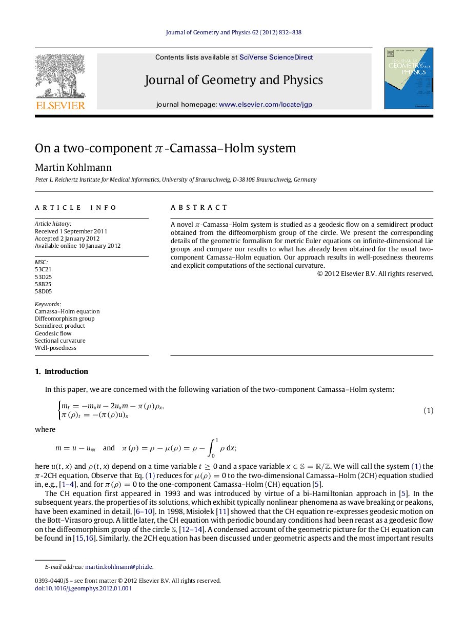 عکس صفحه اول مقاله: On a two-component ππ-Camassa–Holm system On a two-component ππ-Camassa–Holm system