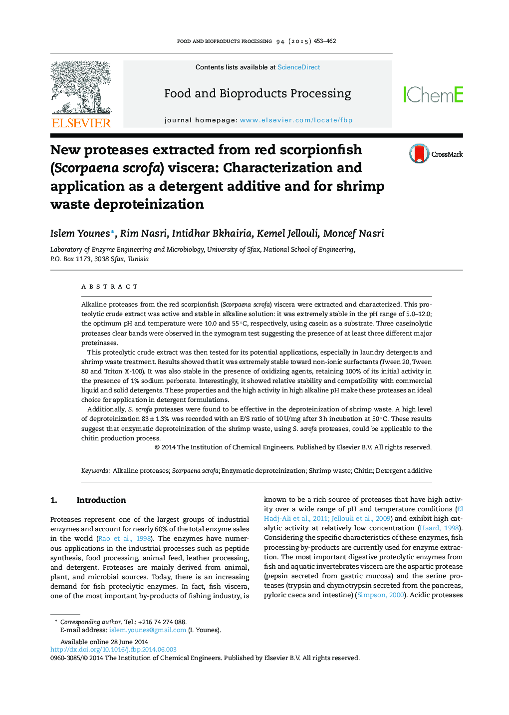 New proteases extracted from red scorpionfish (Scorpaena scrofa) viscera: Characterization and application as a detergent additive and for shrimp waste deproteinization