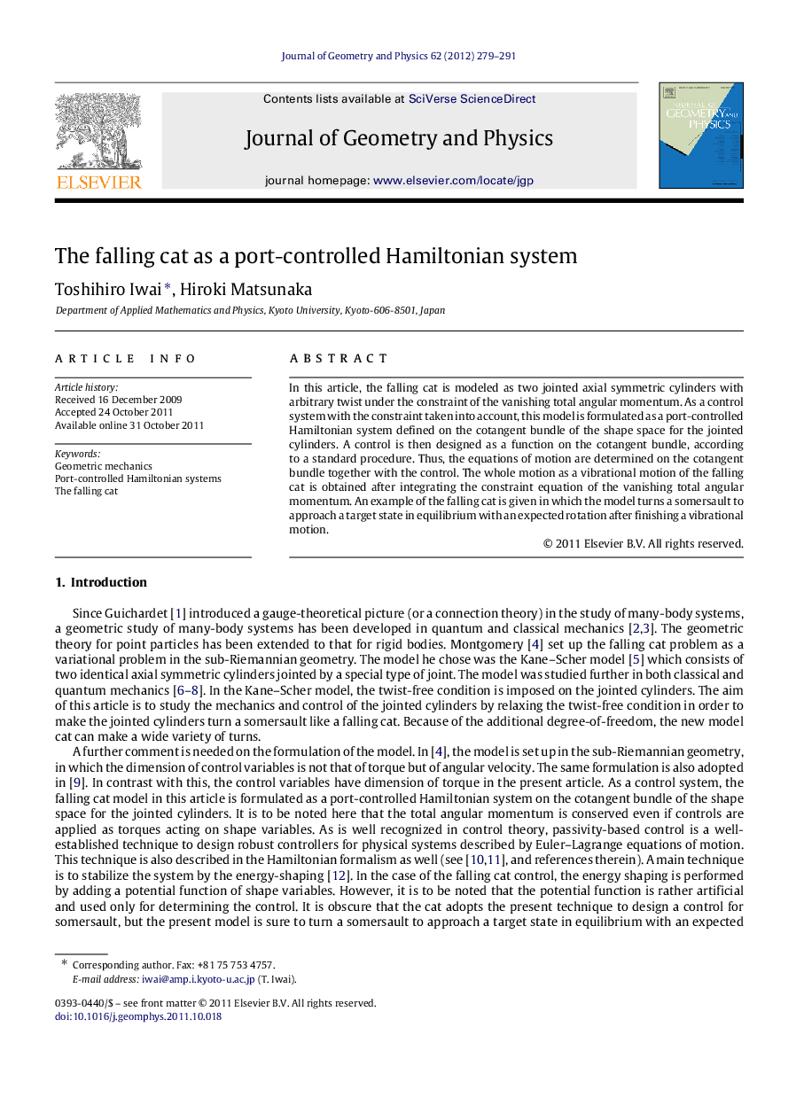 The falling cat as a port-controlled Hamiltonian system