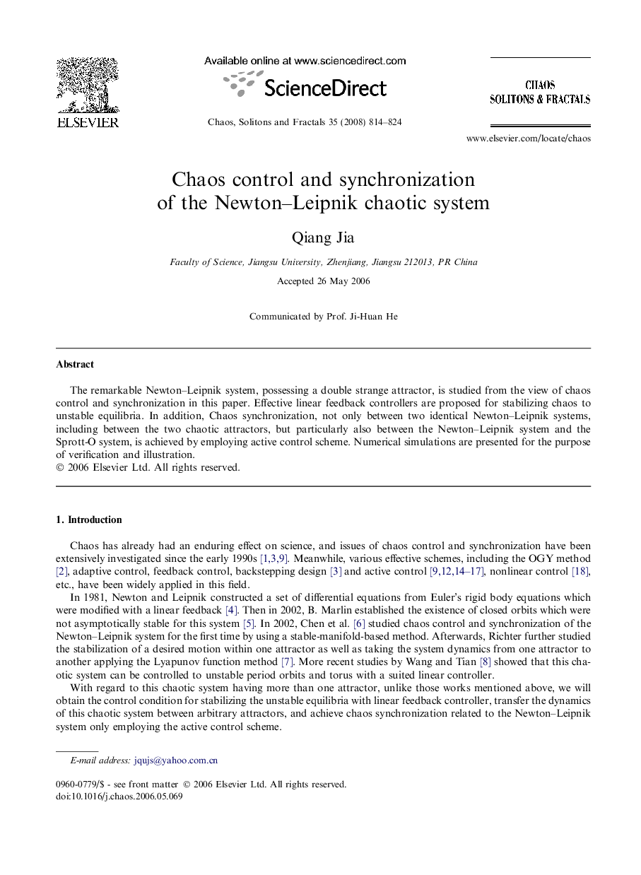 عکس صفحه اول مقاله: Chaos control and synchronization of the Newton–Leipnik chaotic system Chaos control and synchronization of the Newton–Leipnik chaotic system