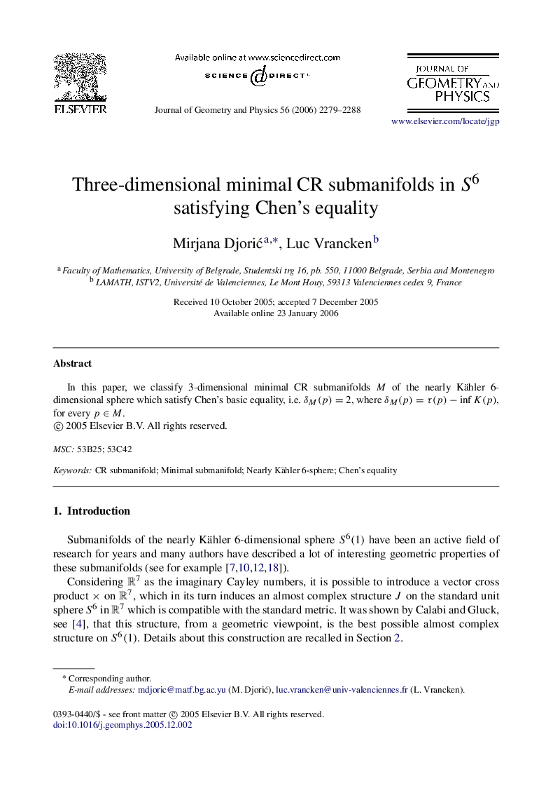 Three-dimensional minimal CR submanifolds in S6 satisfying Chen's equality