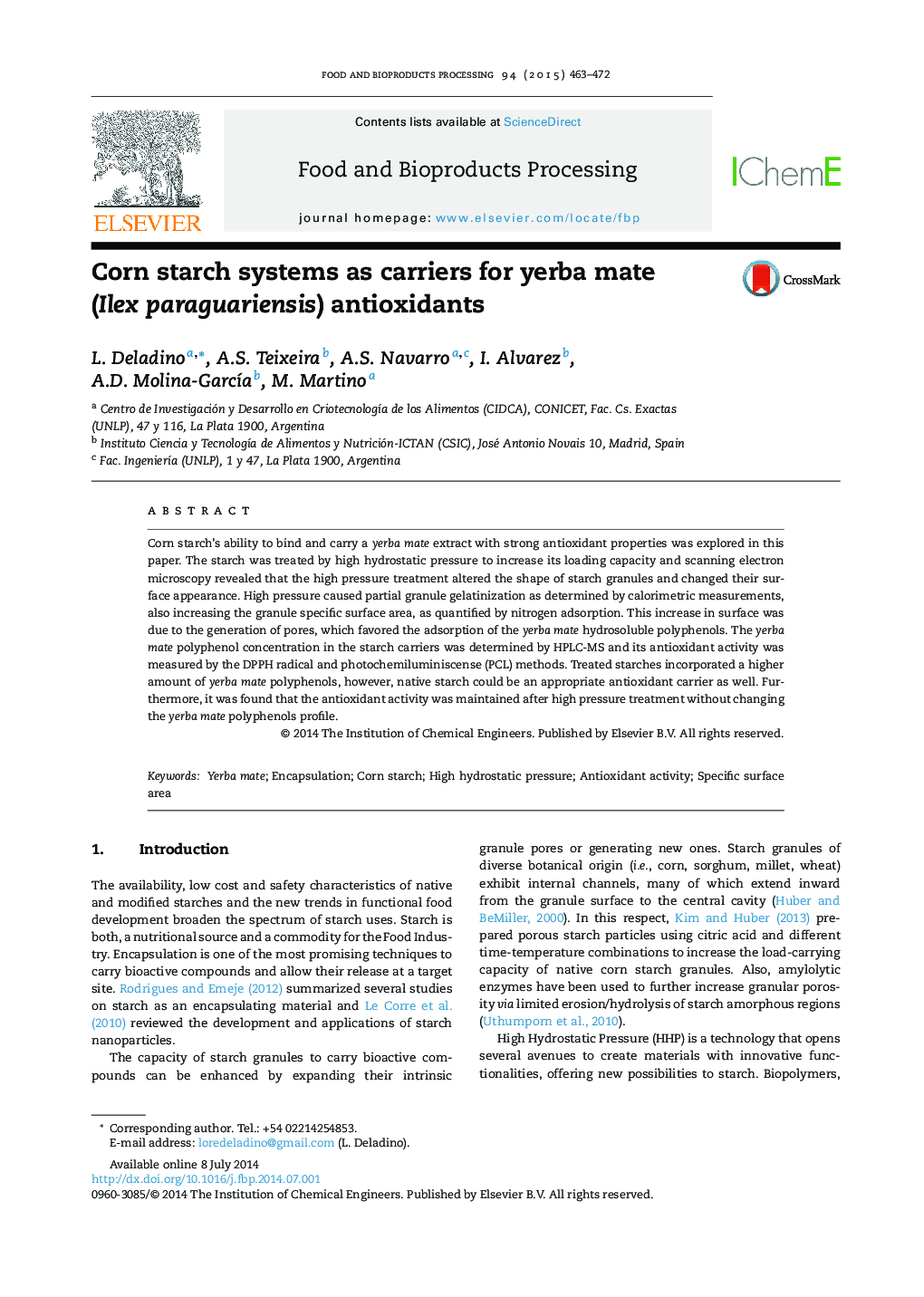 Corn starch systems as carriers for yerba mate (Ilex paraguariensis) antioxidants